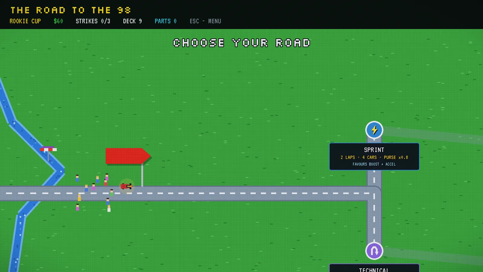 The overworld road map: the route forks between race-type nodes with laps, purse and favours shown on info cards.