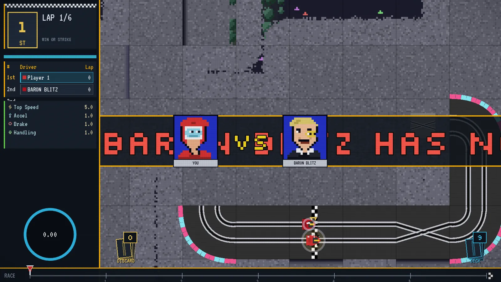Boss showdown intro: YOU versus BARON BLITZ portrait cards over a night circuit, the pit board reading WIN OR STRIKE.
