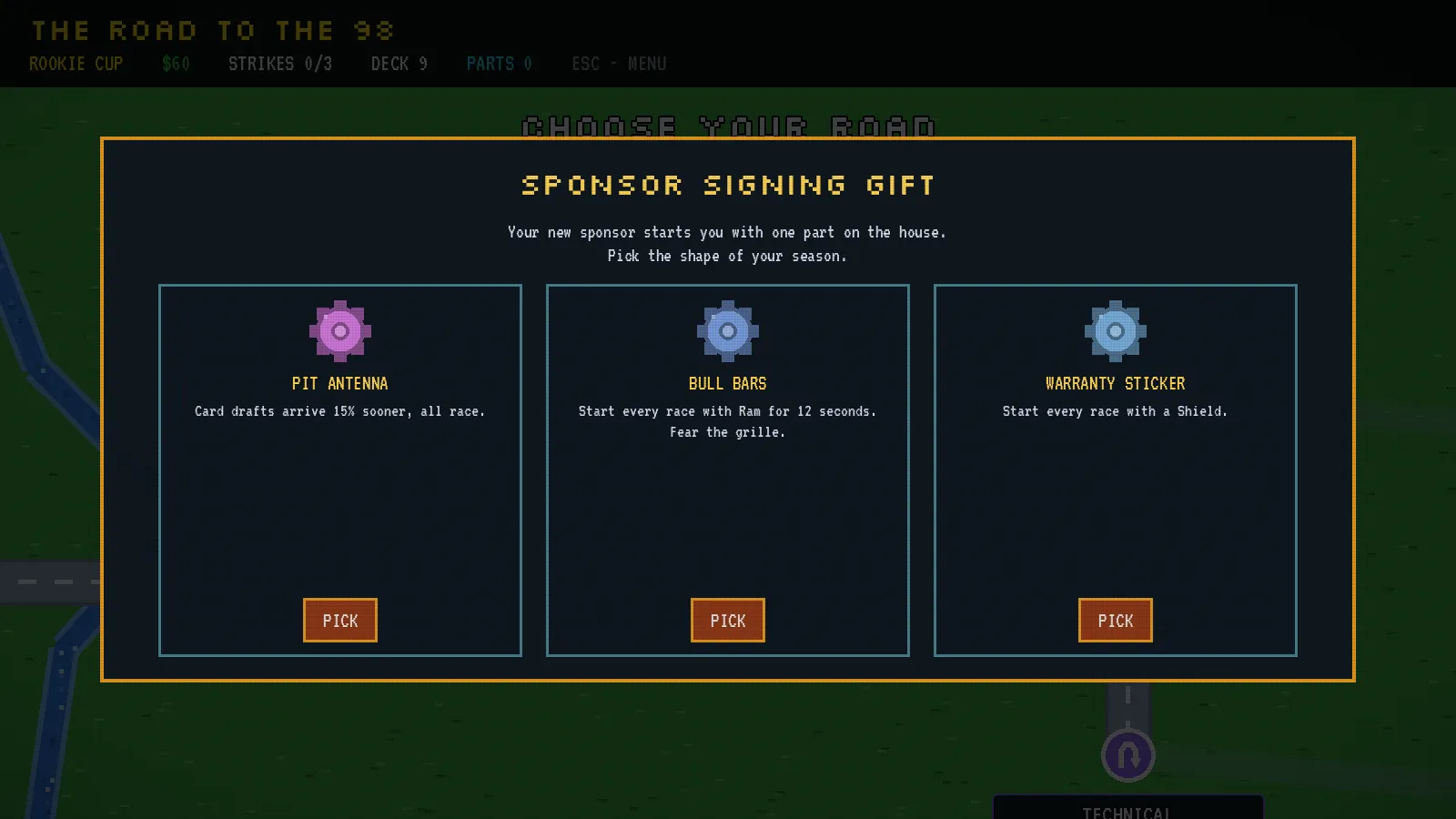 The sponsor signing gift screen: three part tiles offering a choice of starting upgrade.